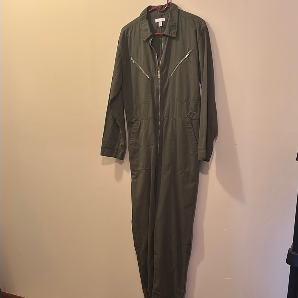 Topshop Green Utility Jumpsuit with Front Zipper